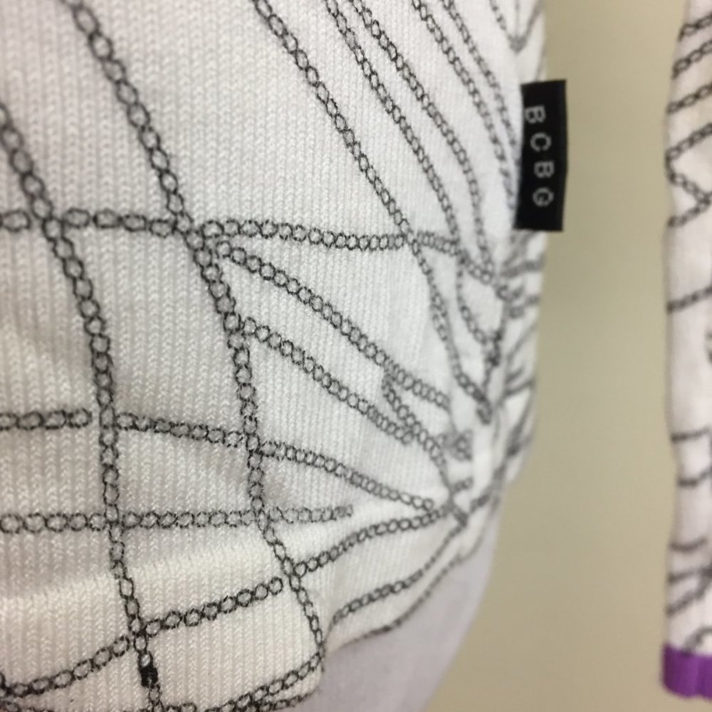 BCBGMAXAZRIA White Black Beads Floral Print Purple Trim Silk Blend Sweater - Picture 9 of 15